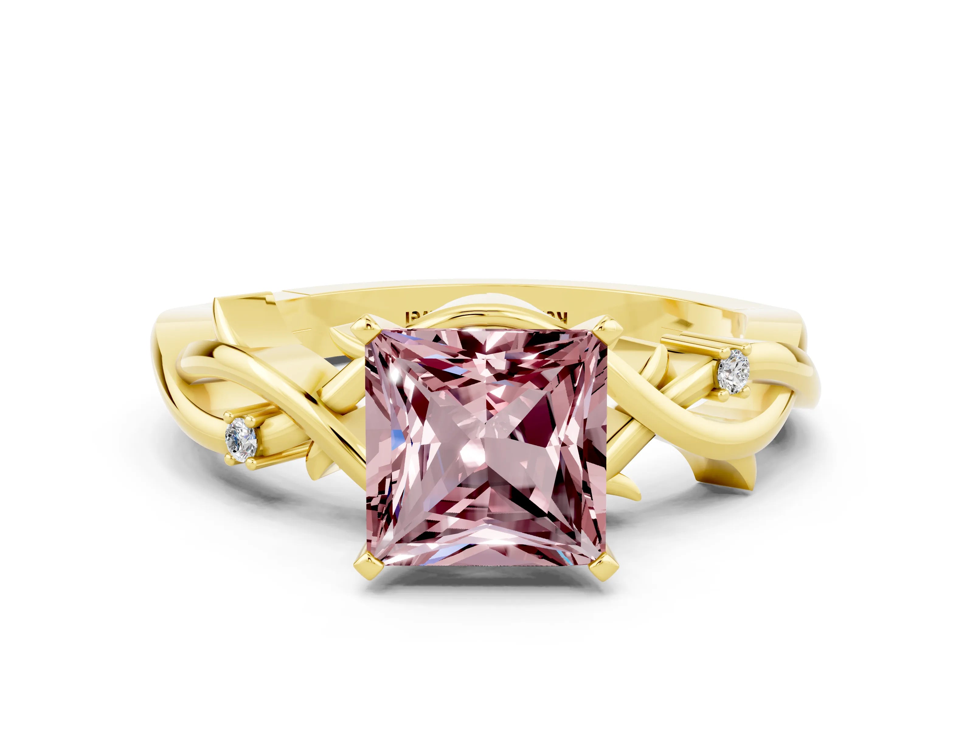 Yellow gold Princess Cut Morganite Solitaire Ring with Twisted Band and Prong Setting