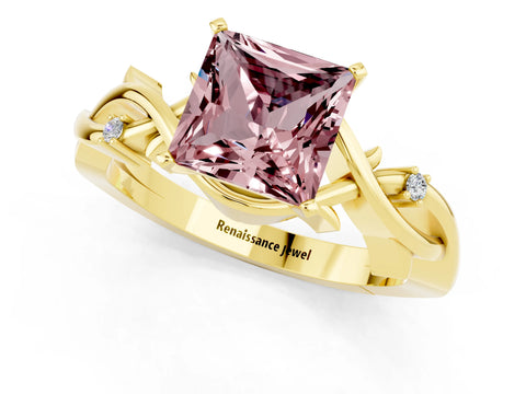 Yellow gold Princess Cut Morganite Solitaire Ring with Twisted Band and Prong Setting_1