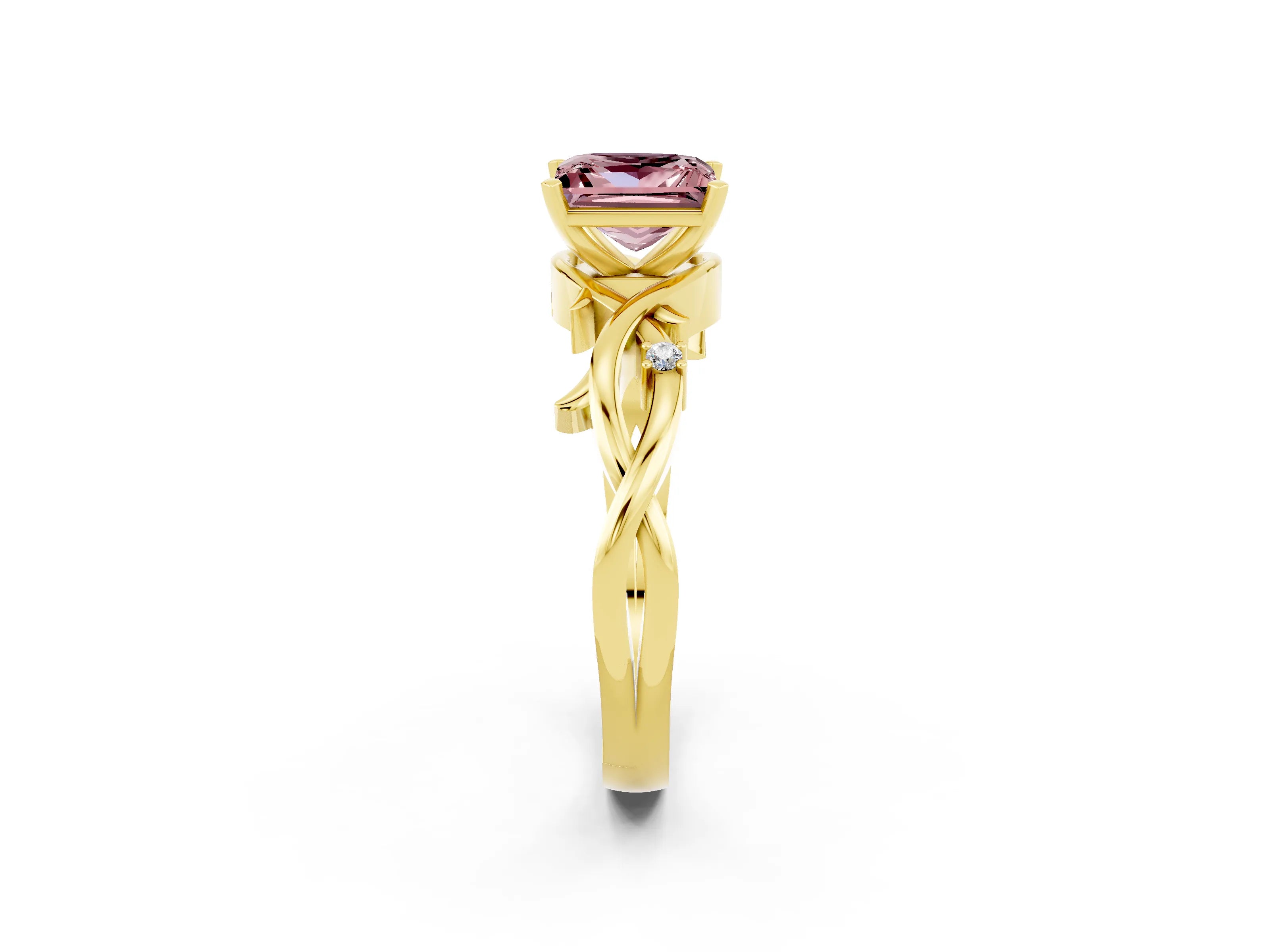 Yellow gold Princess Cut Morganite Solitaire Ring with Twisted Band and Prong Setting_2