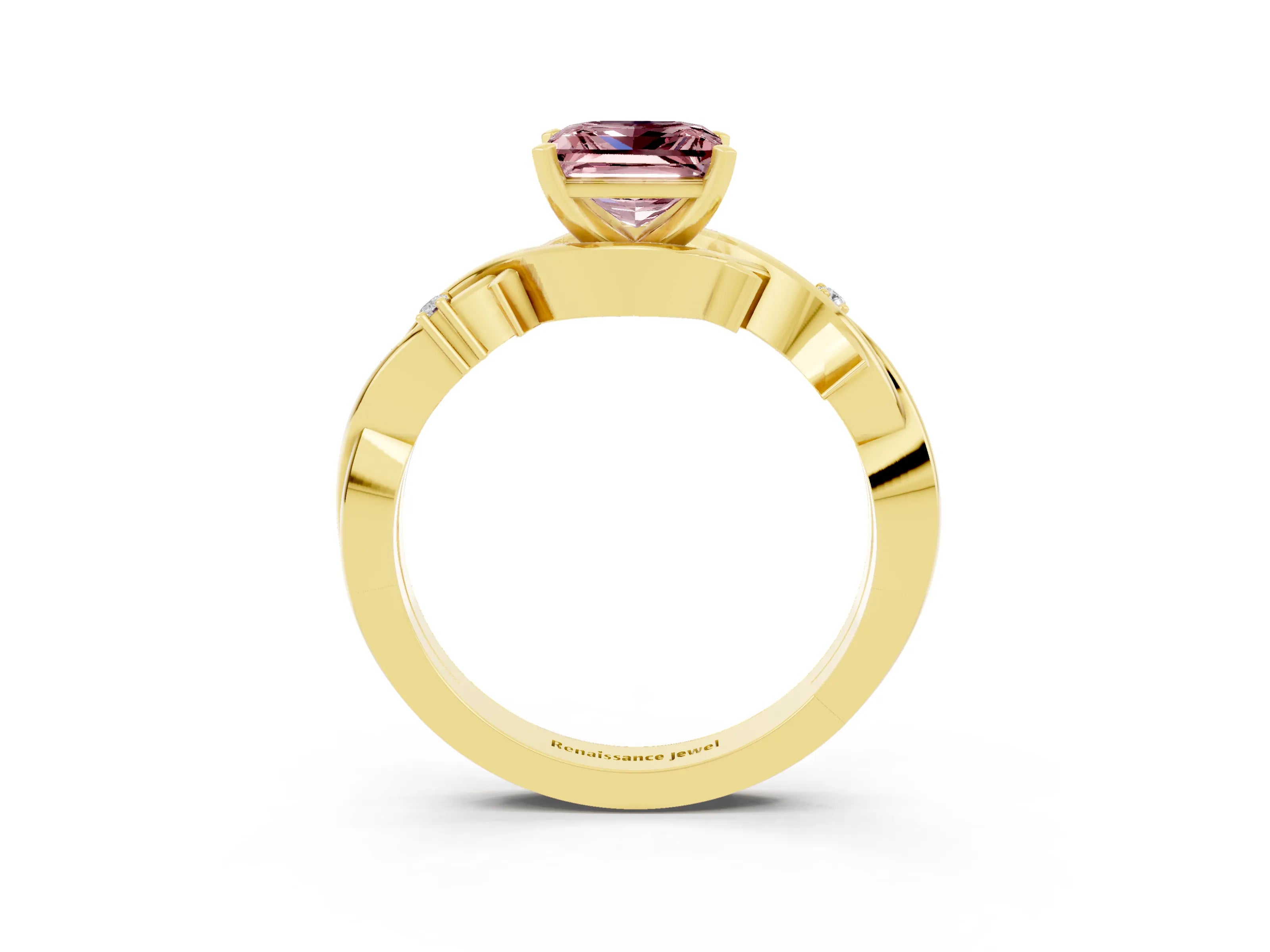 Yellow gold Princess Cut Morganite Solitaire Ring with Twisted Band and Prong Setting_3