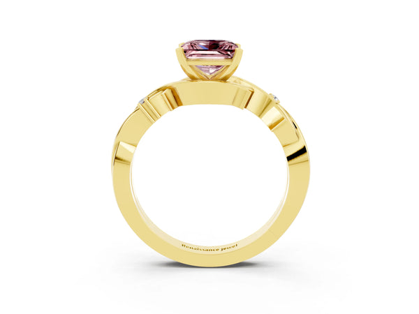 Yellow gold Princess Cut Morganite Solitaire Ring with Twisted Band and Prong Setting