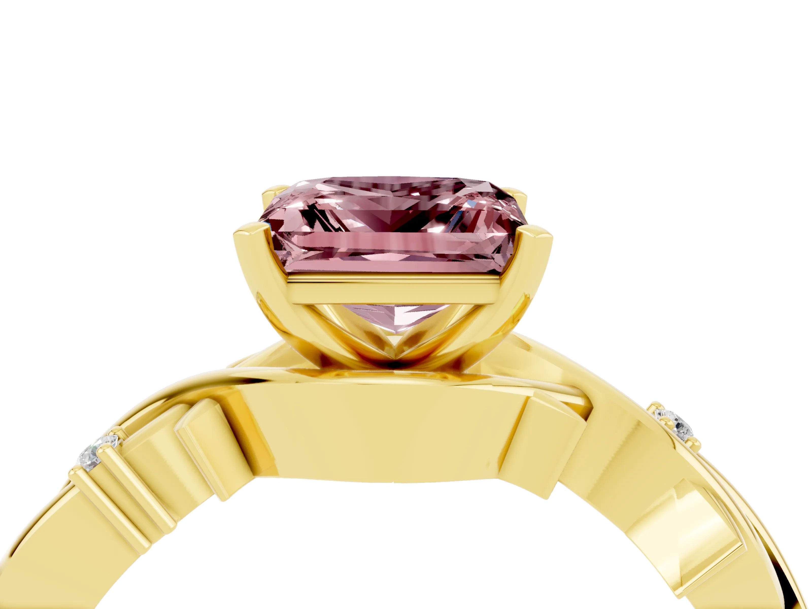Yellow gold Princess Cut Morganite Solitaire Ring with Twisted Band and Prong Setting_4