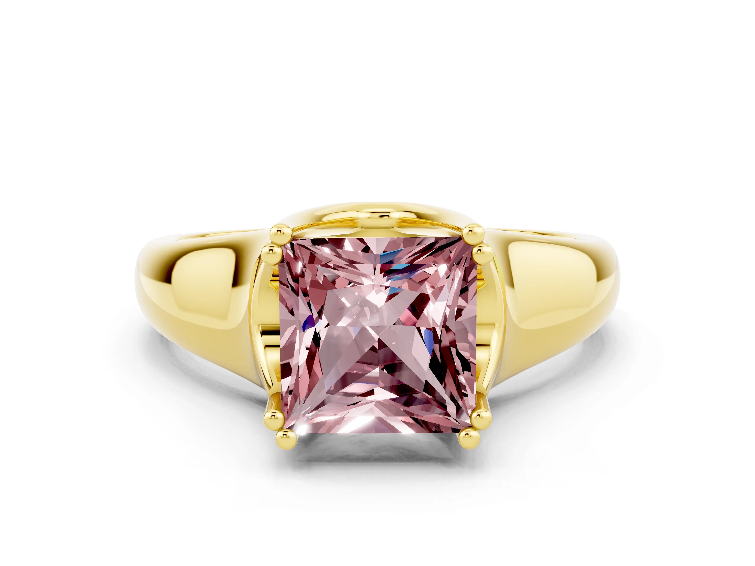 Yellow gold Princess Cut Morganite Solitaire Ring with Wide Band and Prong Setting