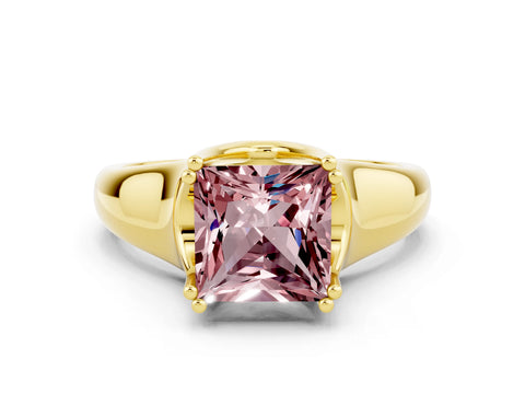 Yellow gold Princess Cut Morganite Solitaire Ring with Wide Band and Prong Setting
