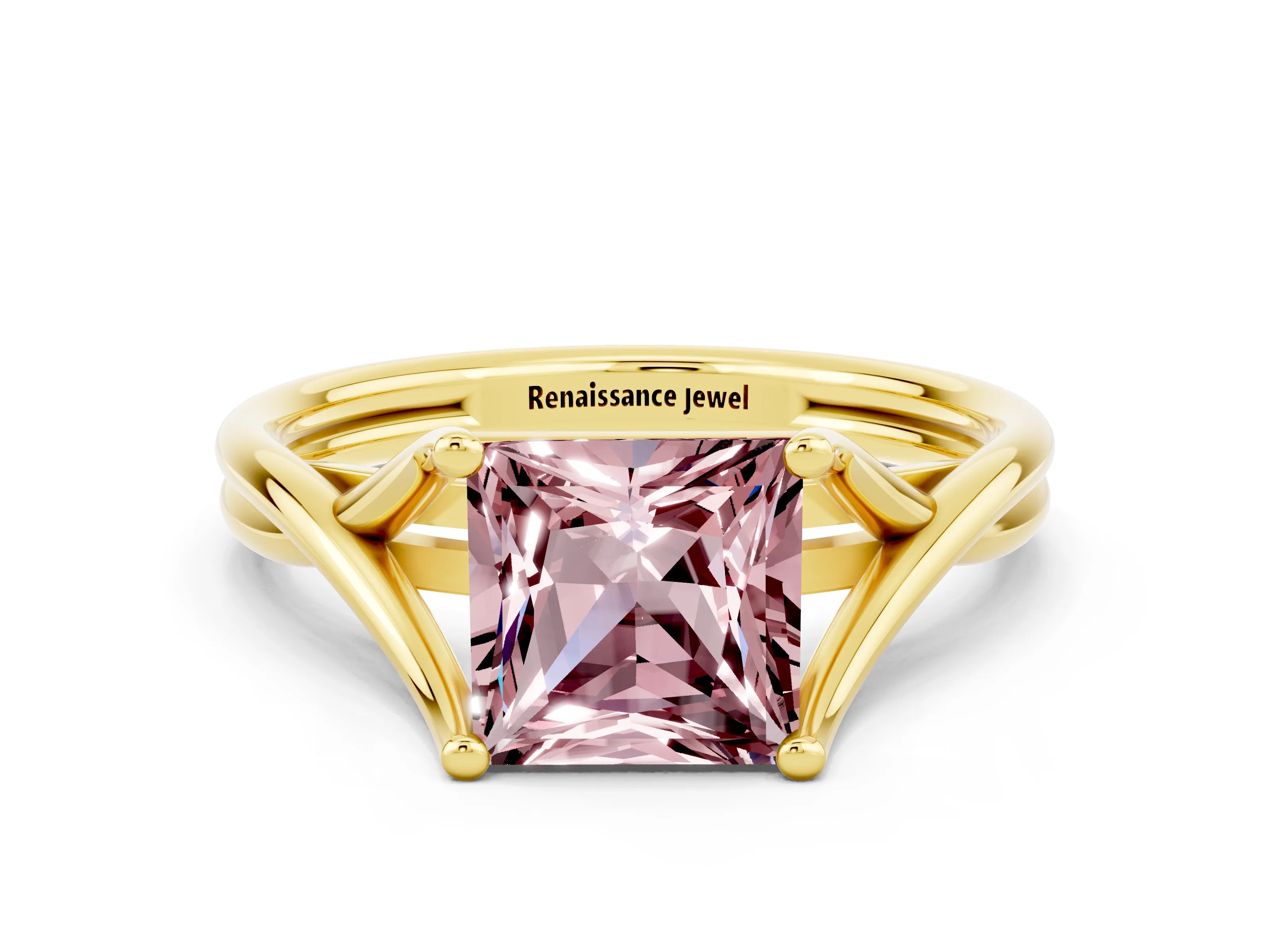 Yellow gold Princess Cut Morganite Solitaire Twist Band Prong Setting Ring_36