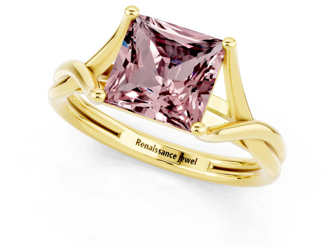 Yellow gold Princess Cut Morganite Solitaire Twist Band Prong Setting Ring_37