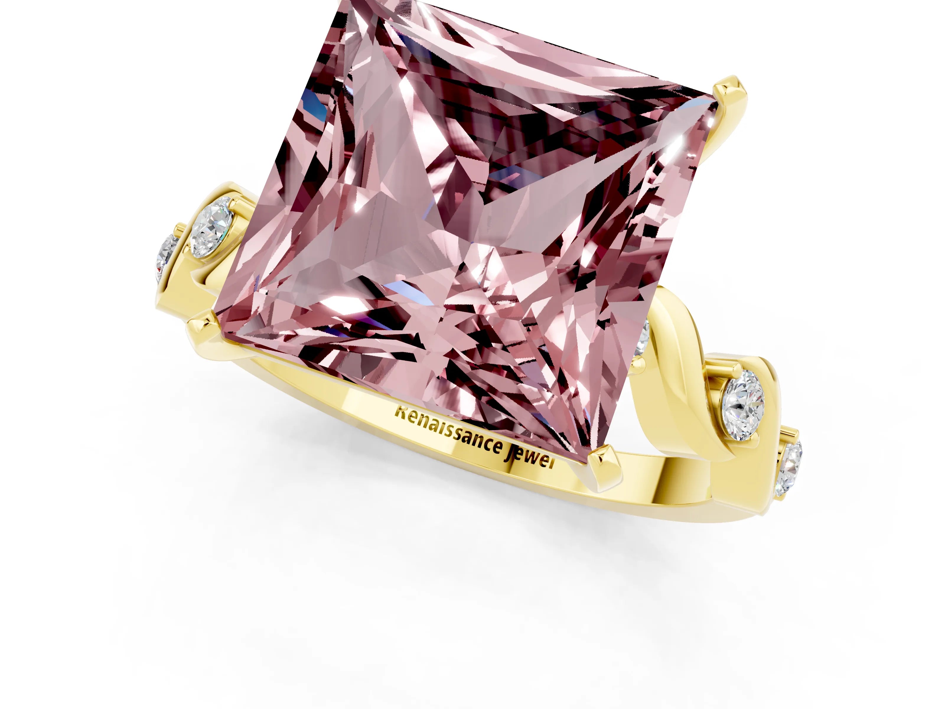 Yellow gold Princess Cut Morganite Solitaire Twisted Band with Round  Accents and Prong Setting_13
