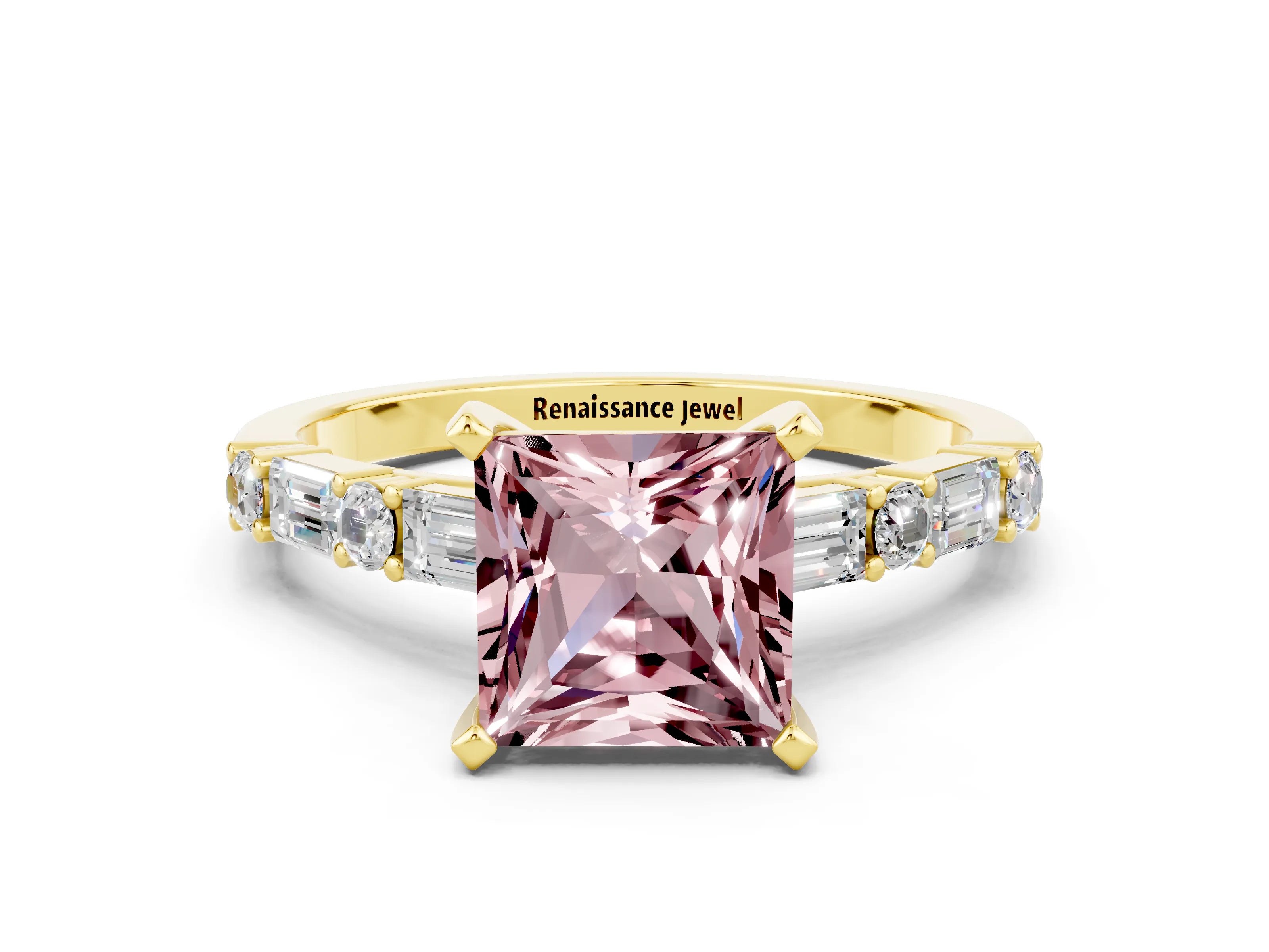 Yellow gold Princess Cut Morganite Solitaire with Side Baguettes and Channel Set Band
