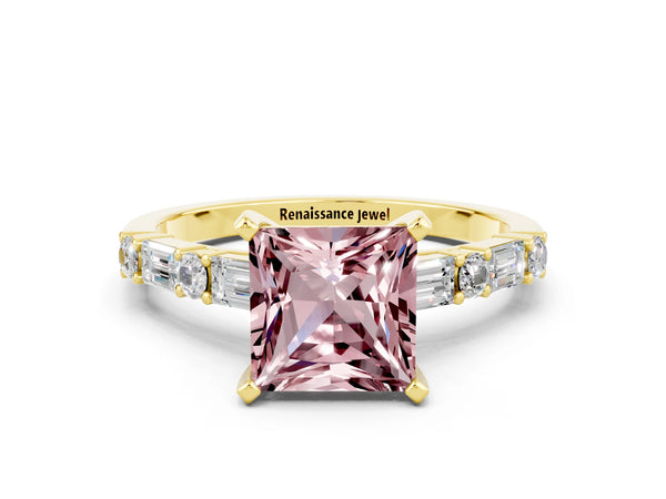 Yellow gold Princess Cut Morganite Solitaire with Side Baguettes and Channel Set Band
