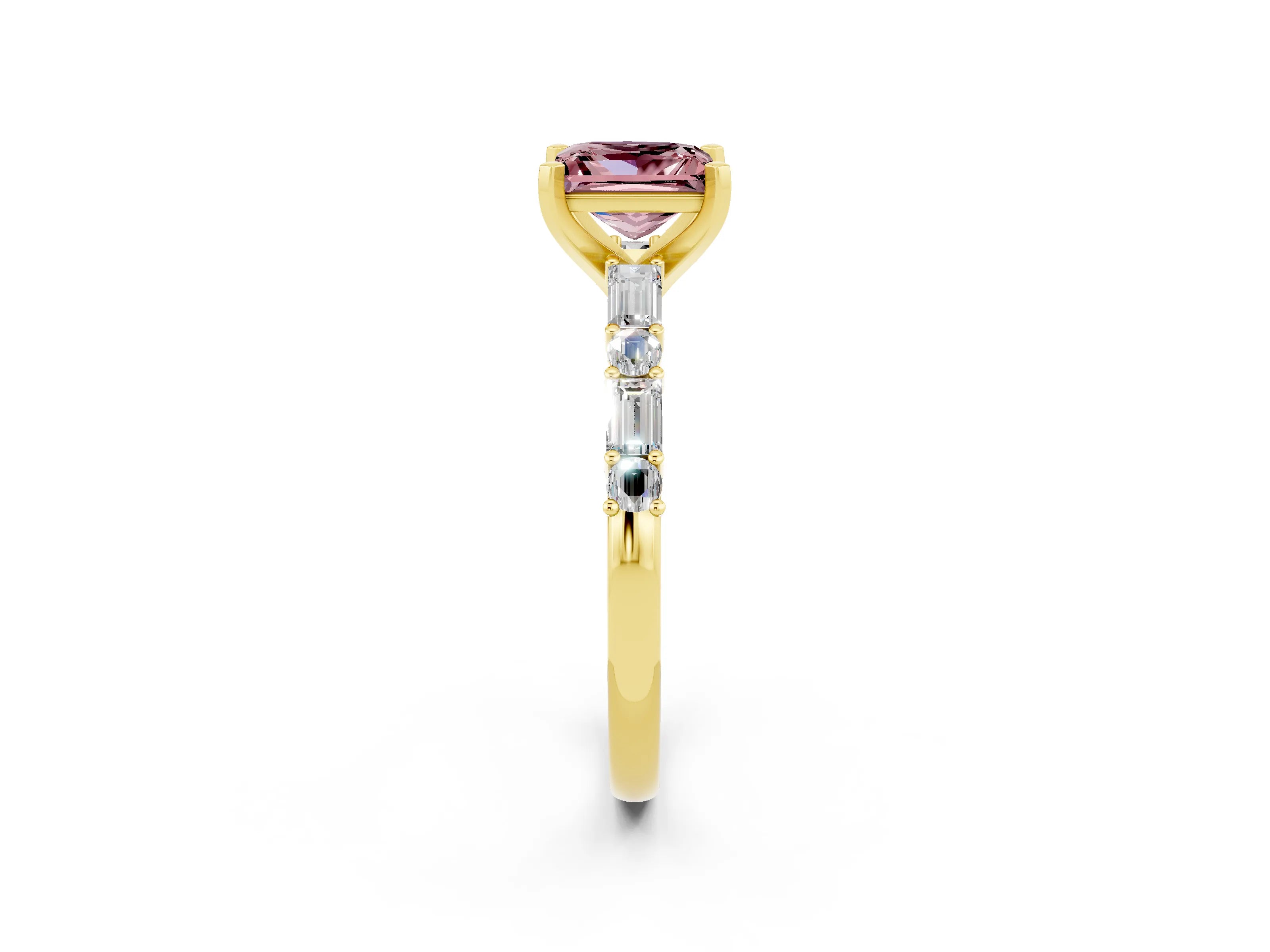 Yellow gold Princess Cut Morganite Solitaire with Side Baguettes and Channel Set Band_2