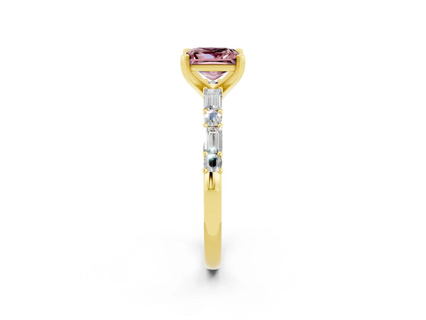 Yellow gold Princess Cut Morganite Solitaire with Side Baguettes and Channel Set Band