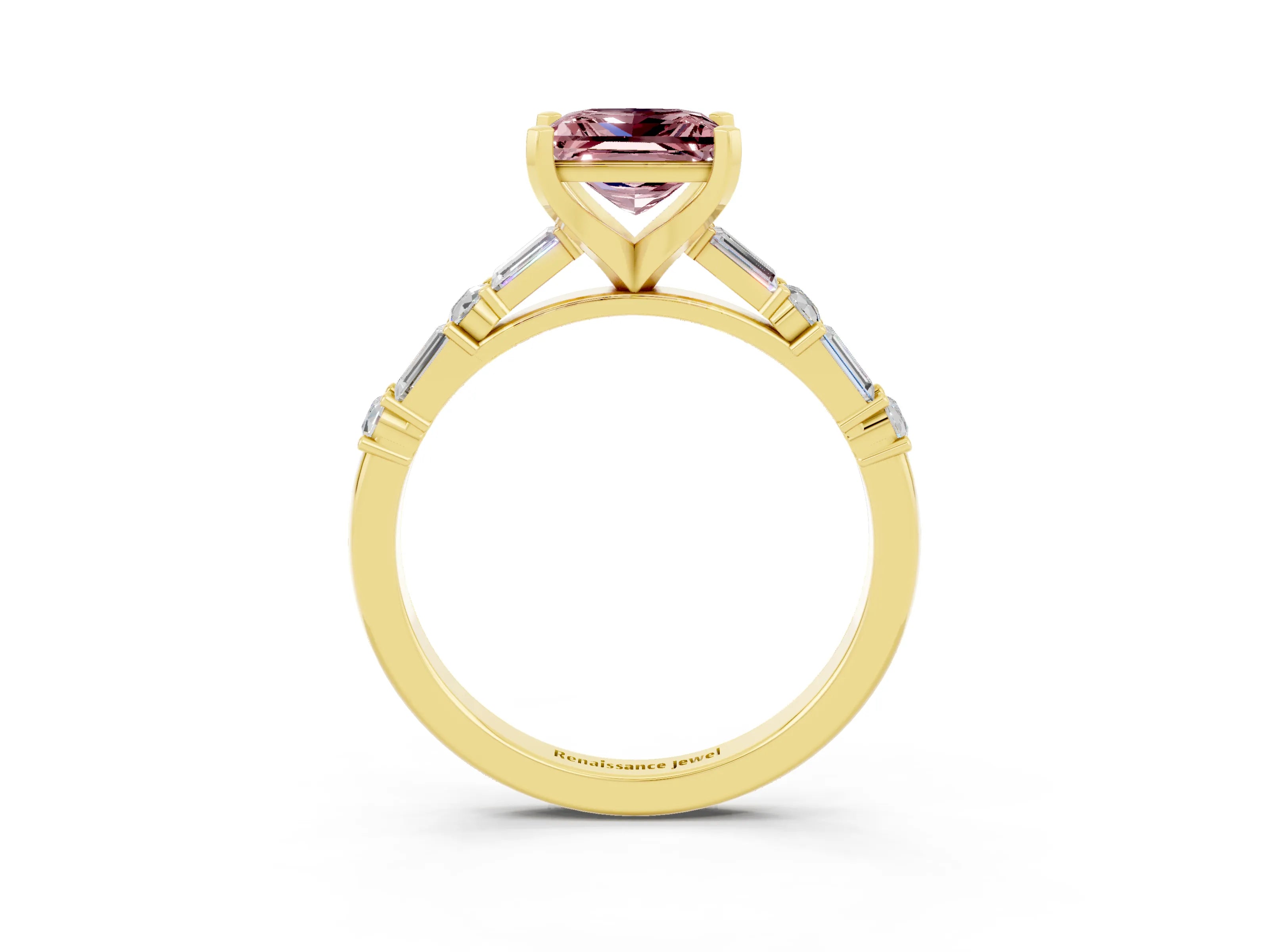 Yellow gold Princess Cut Morganite Solitaire with Side Baguettes and Channel Set Band_3