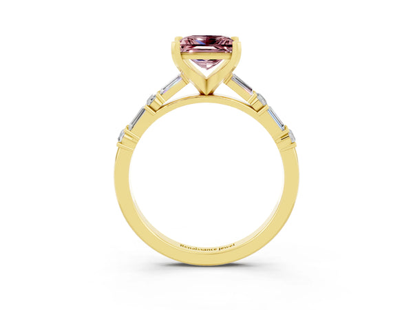 Yellow gold Princess Cut Morganite Solitaire with Side Baguettes and Channel Set Band