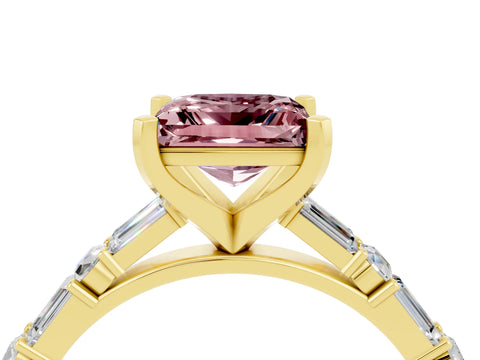 Yellow gold Princess Cut Morganite Solitaire with Side Baguettes and Channel Set Band_4