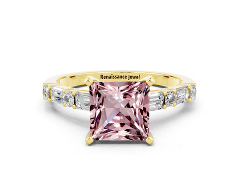 Yellow gold Princess Cut Morganite Solitaire with Side Baguettes and Channel Set Band