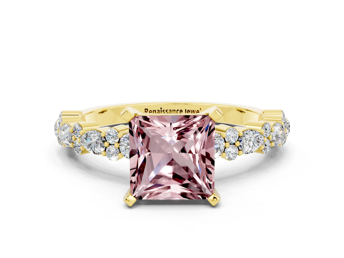 Yellow gold Princess Cut Morganite Solitaire with Side Stones, Pave Band, Four-Prong Setting_36
