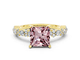 Yellow gold Princess Cut Morganite Solitaire with Side Stones, Pave Band, Four-Prong Setting_36