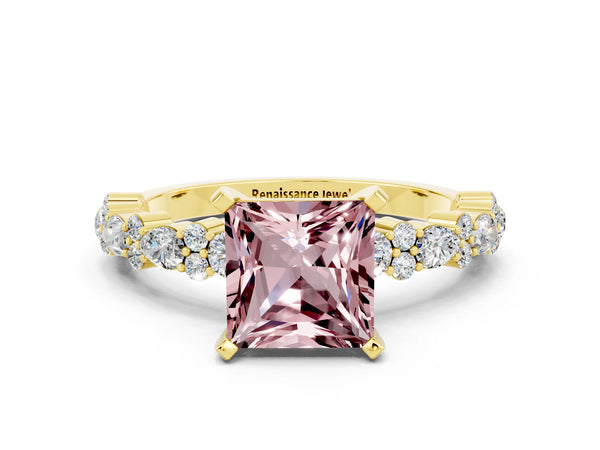 Yellow gold Princess Cut Morganite Side Stone Solitaire Ring with Round  and Four-Prong Setting