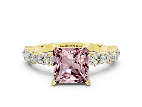 Yellow gold Princess Cut Morganite Solitaire with Side Stones, Pave Band, Four-Prong Setting_36