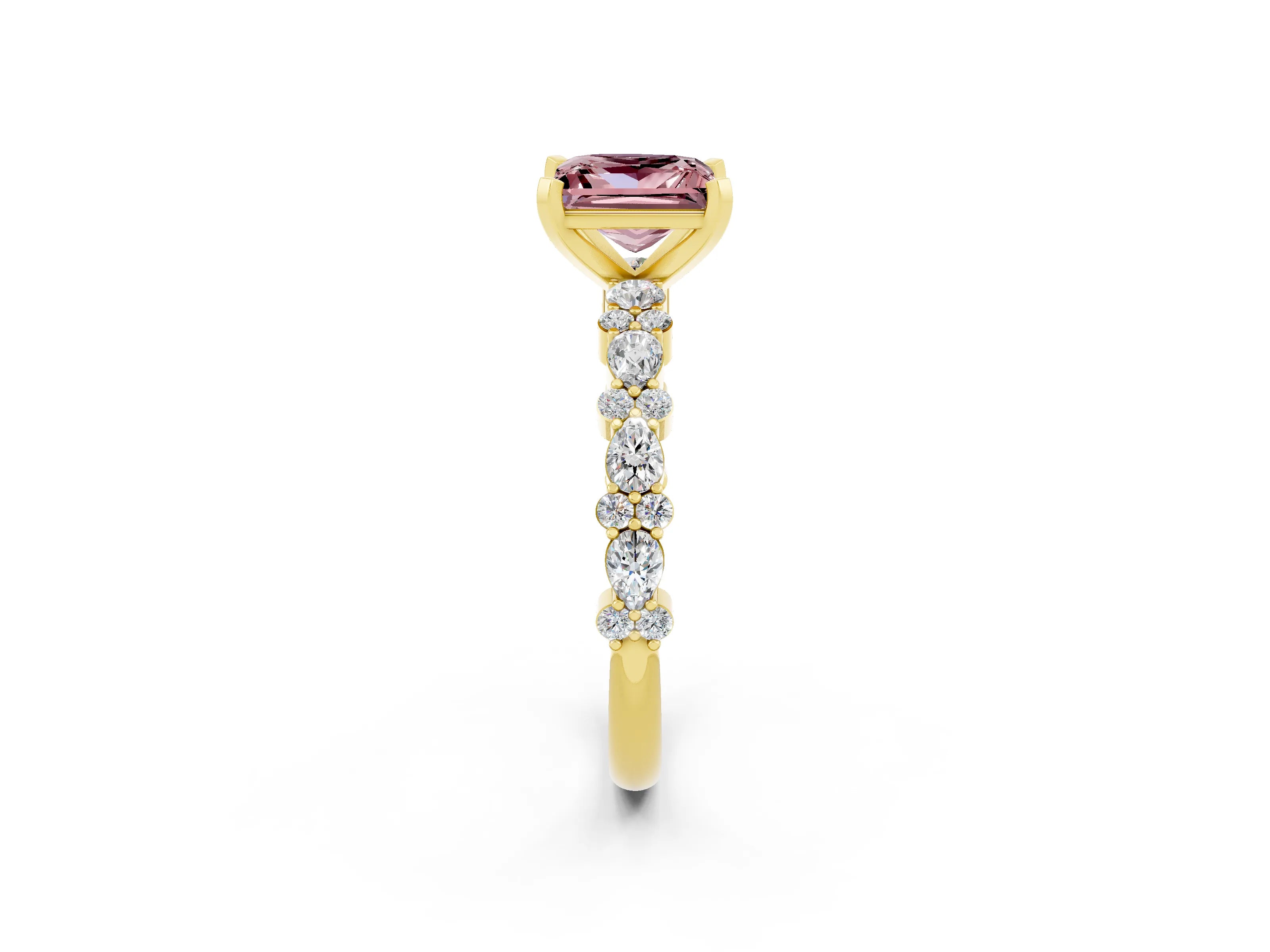 Yellow gold Princess Cut Morganite Solitaire with Side Stones, Pave Band, Four-Prong Setting_38
