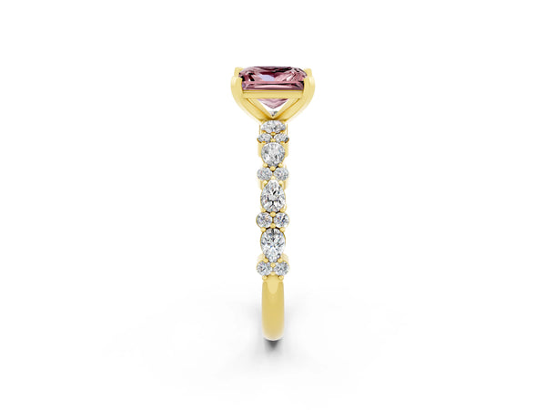 Yellow gold Princess Cut Morganite Side Stone Solitaire Ring with Round  and Four-Prong Setting