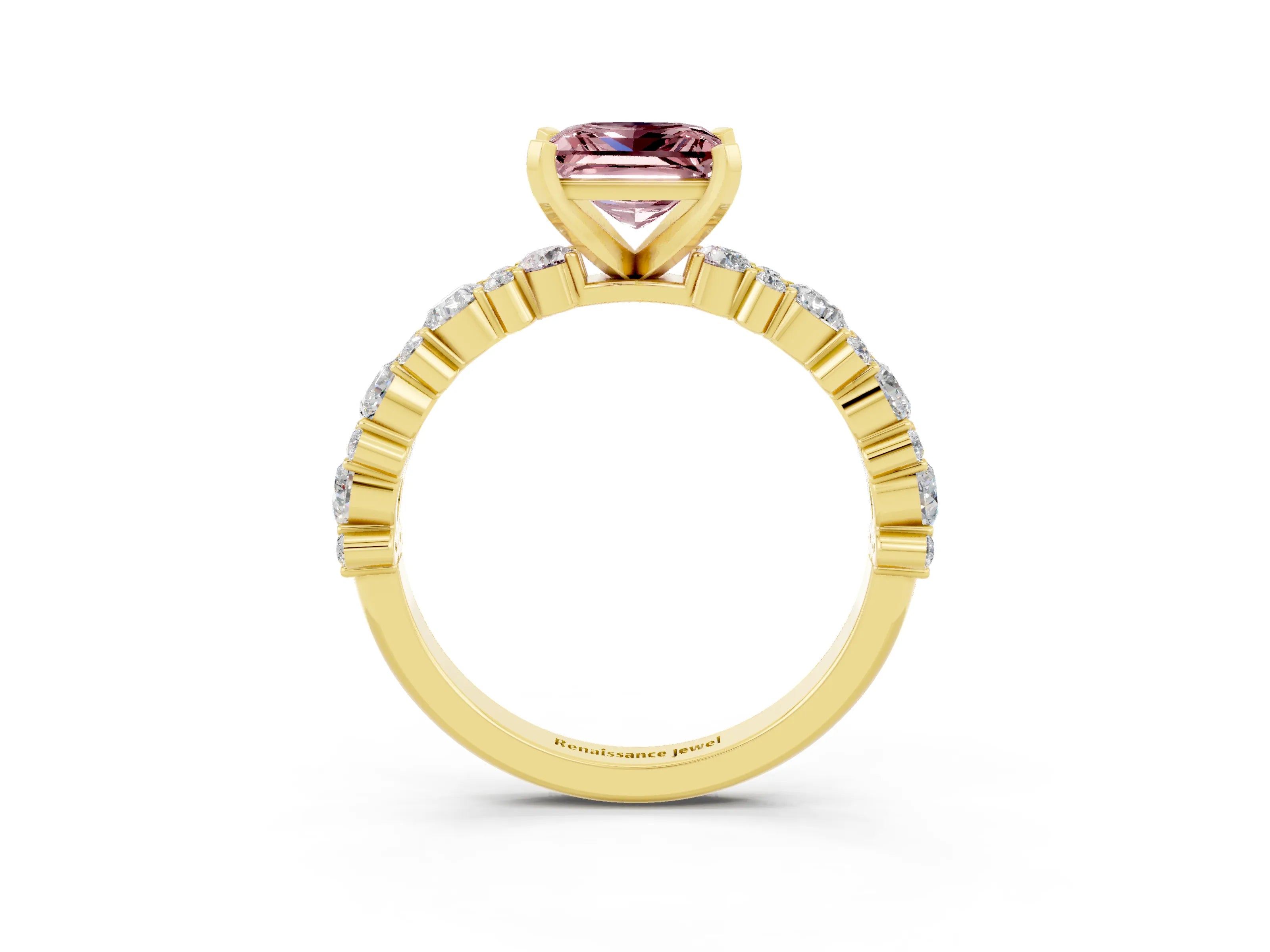 Yellow gold Princess Cut Morganite Solitaire with Side Stones, Pave Band, Four-Prong Setting_39