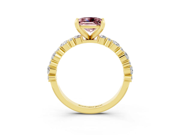 Yellow gold Princess Cut Morganite Side Stone Solitaire Ring with Round  and Four-Prong Setting