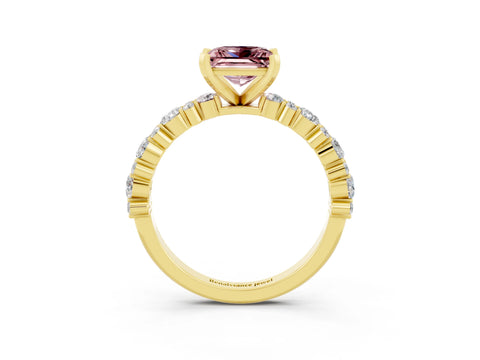 Yellow gold Princess Cut Morganite Solitaire with Side Stones, Pave Band, Four-Prong Setting_39