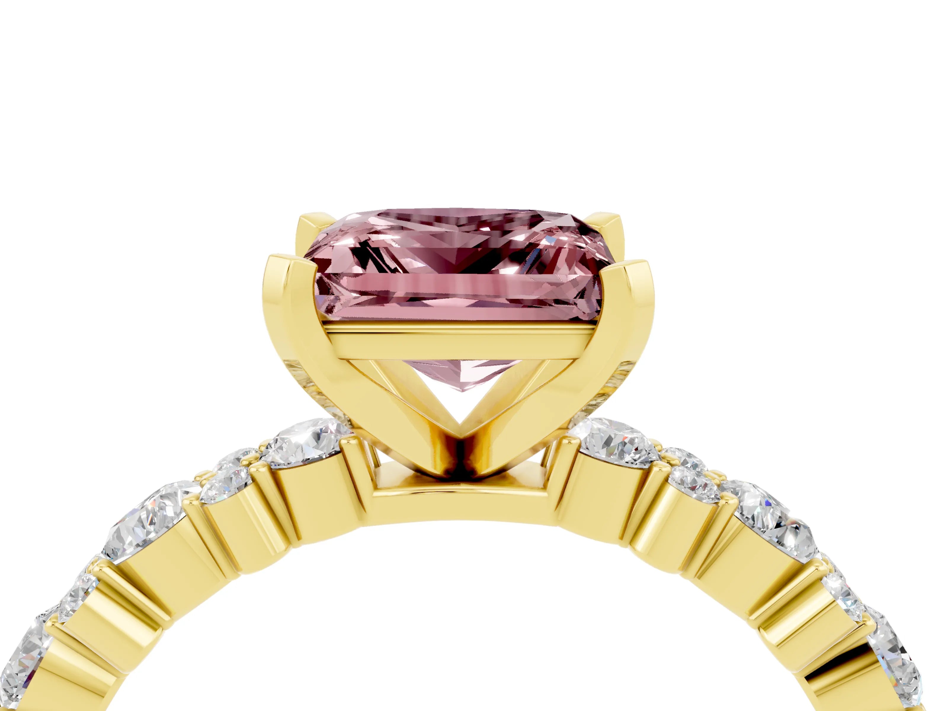 Yellow gold Princess Cut Morganite Solitaire with Side Stones, Pave Band, Four-Prong Setting_40