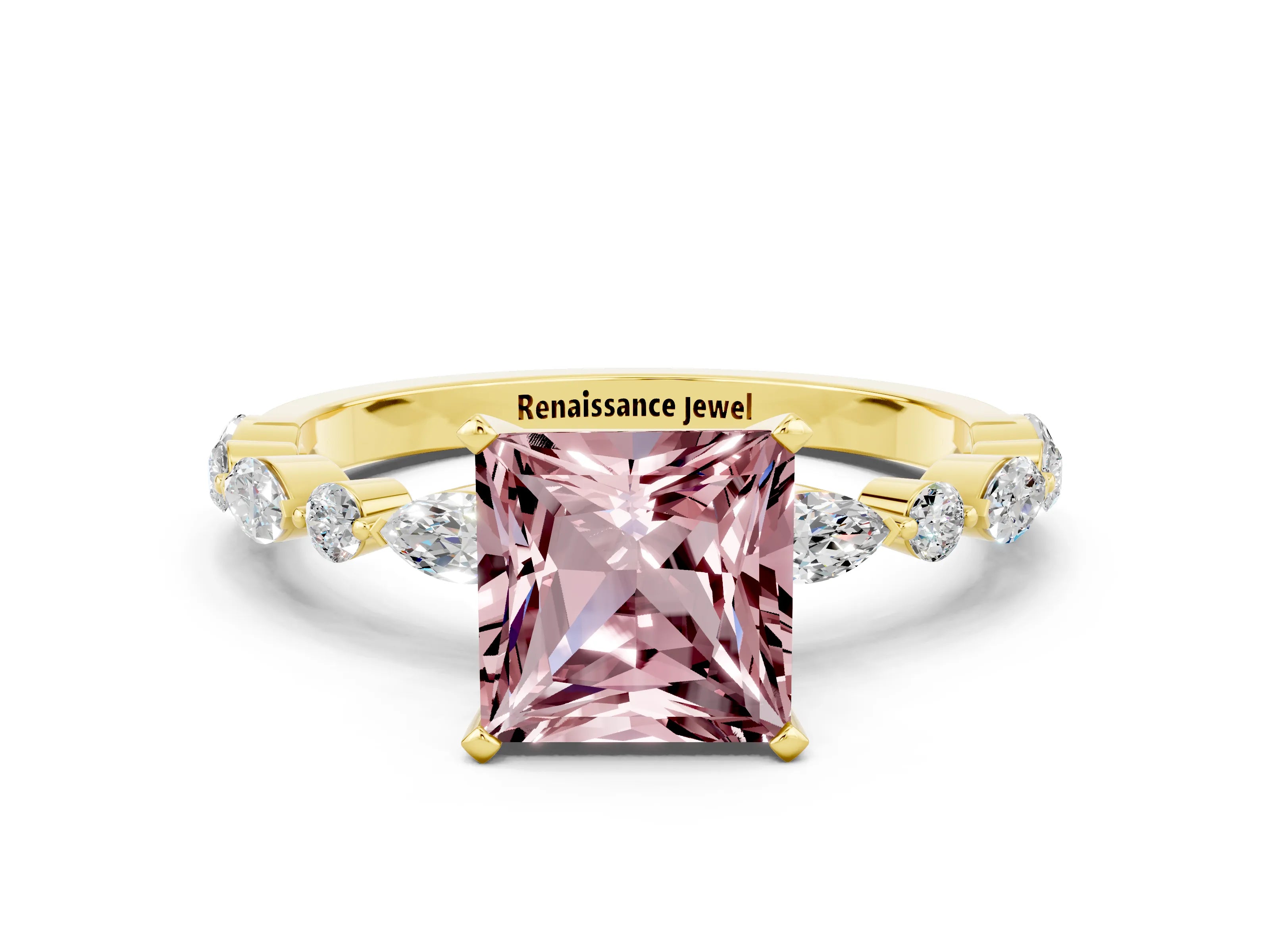 Yellow gold Princess Cut Morganite Solitaire with Side Stones on a Pavé Band and Four-Prong Setting