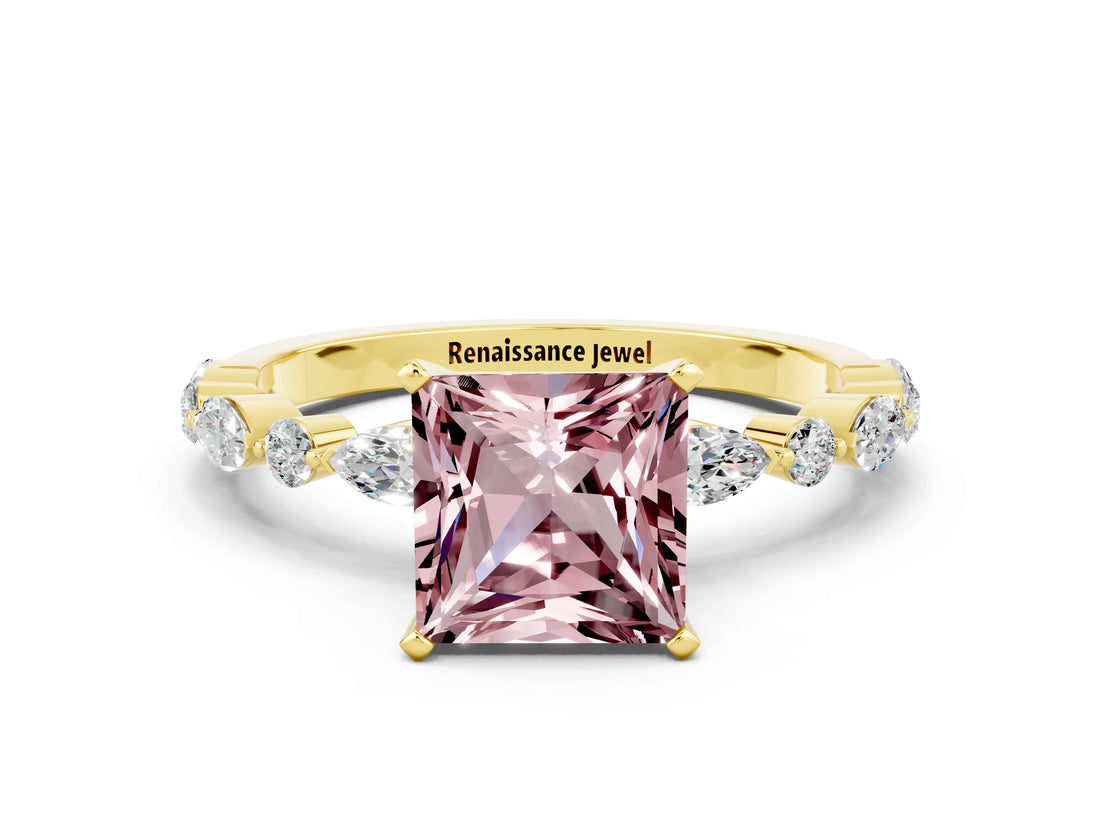 Yellow gold Princess Cut Morganite Solitaire with Side Stones on a Pavé Band and Four-Prong Setting