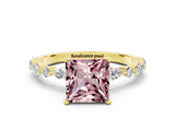 Yellow gold Princess Cut Morganite Solitaire with Side Stones on a Pavé Band and Four-Prong Setting