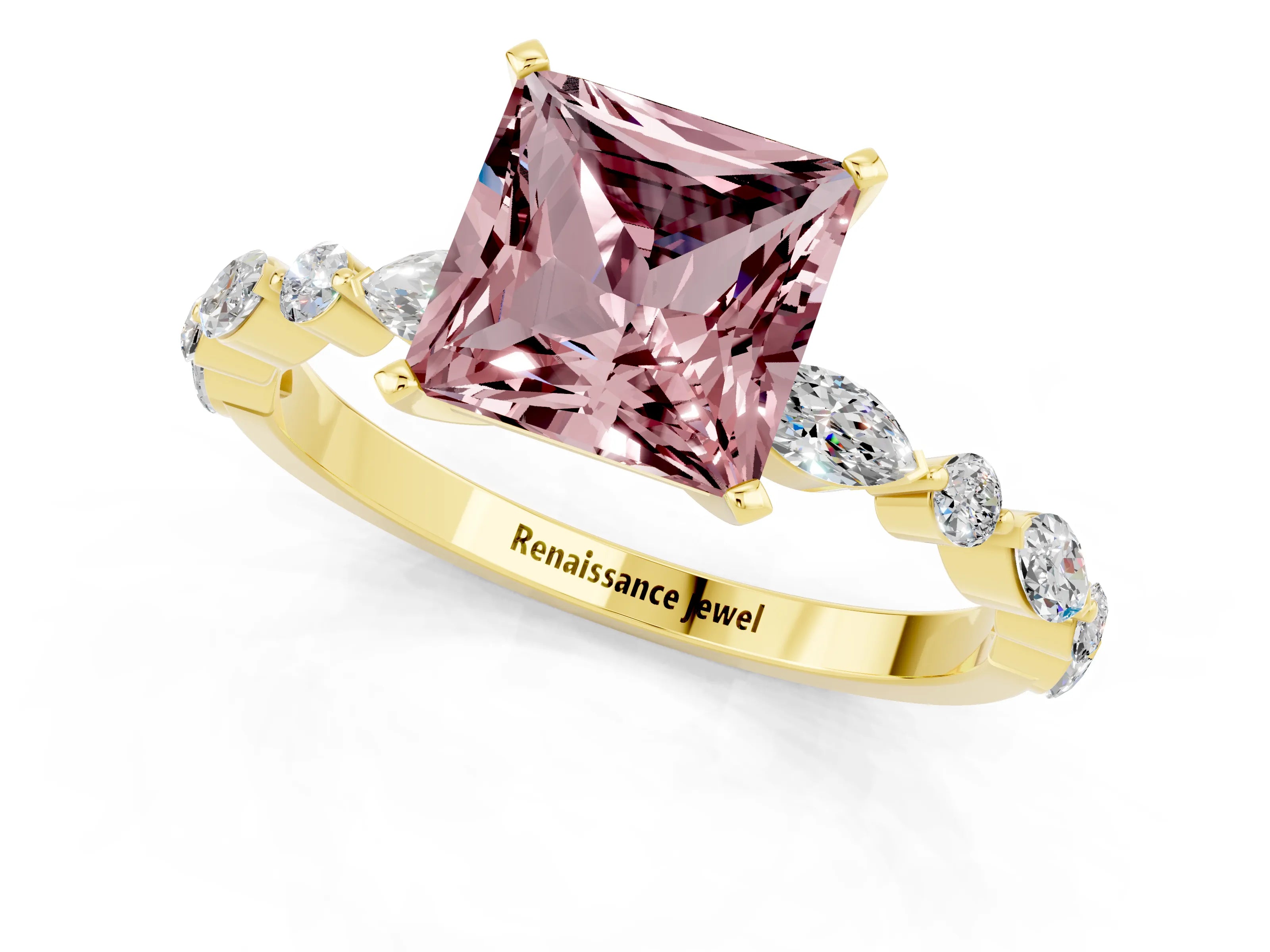Yellow gold Princess Cut Morganite Solitaire with Side Stones on a Pavé Band and Four-Prong Setting_1