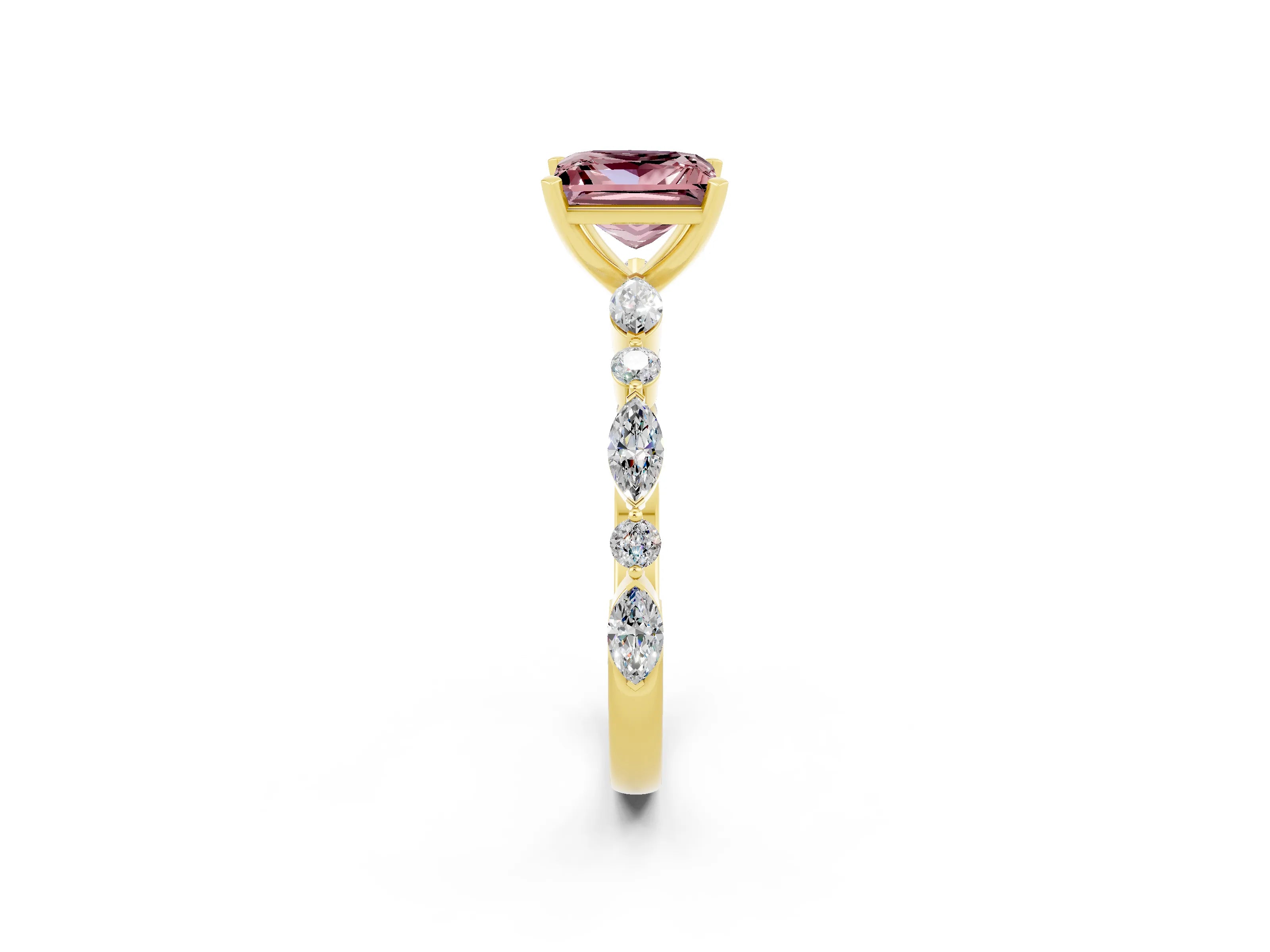Yellow gold Princess Cut Morganite Solitaire with Side Stones on a Pavé Band and Four-Prong Setting_2