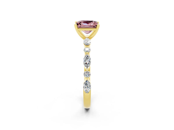 Yellow gold Princess Cut Morganite Ring with Marquise and Round  Side Stones and Four-Prong Setting