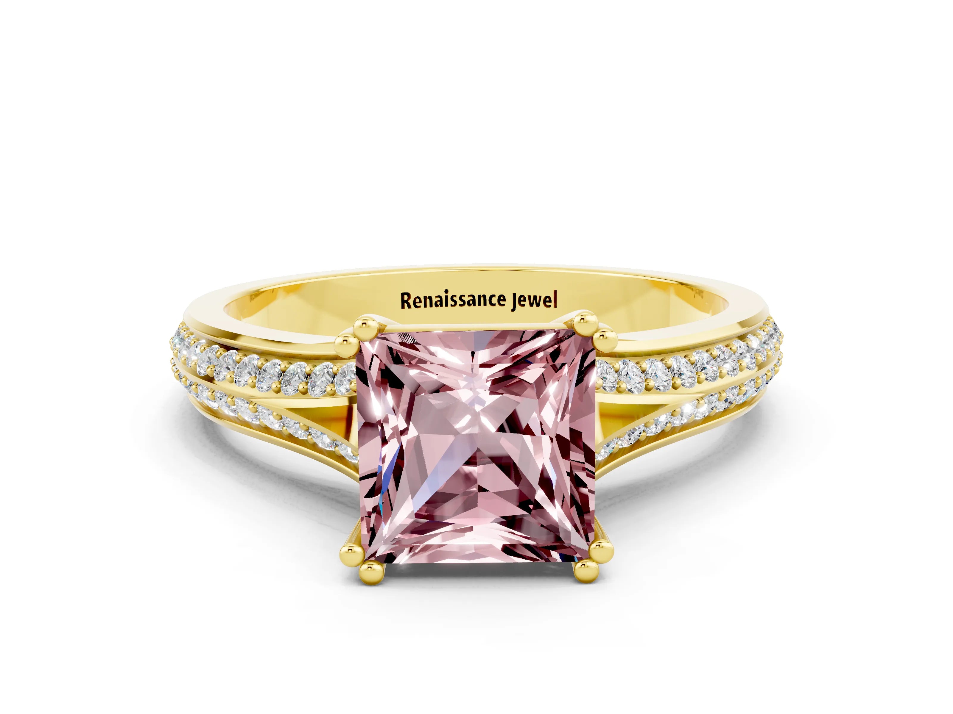 Yellow gold Princess Cut Morganite Split Shank Engagement Ring with Pavé Band