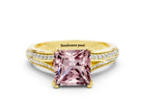 Yellow gold Princess Cut Morganite Split Shank Engagement Ring with Pavé Band