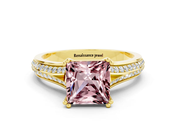 Yellow gold Princess Cut Morganite Split Shank Engagement Ring with Pavé Band