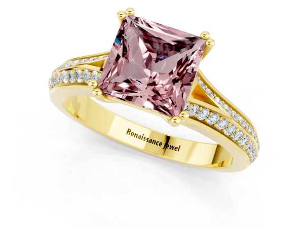 Yellow gold Princess Cut Morganite Split Shank Engagement Ring with Pavé Band