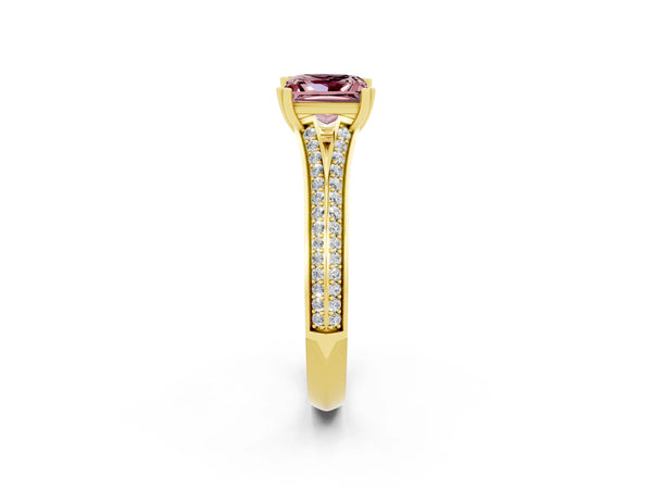 Yellow gold Princess Cut Morganite Split Shank Engagement Ring with Pavé Band