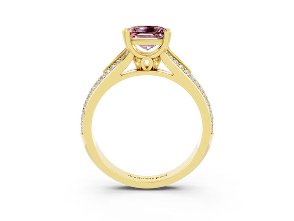 Yellow gold Princess Cut Morganite Split Shank Engagement Ring with Pavé Band