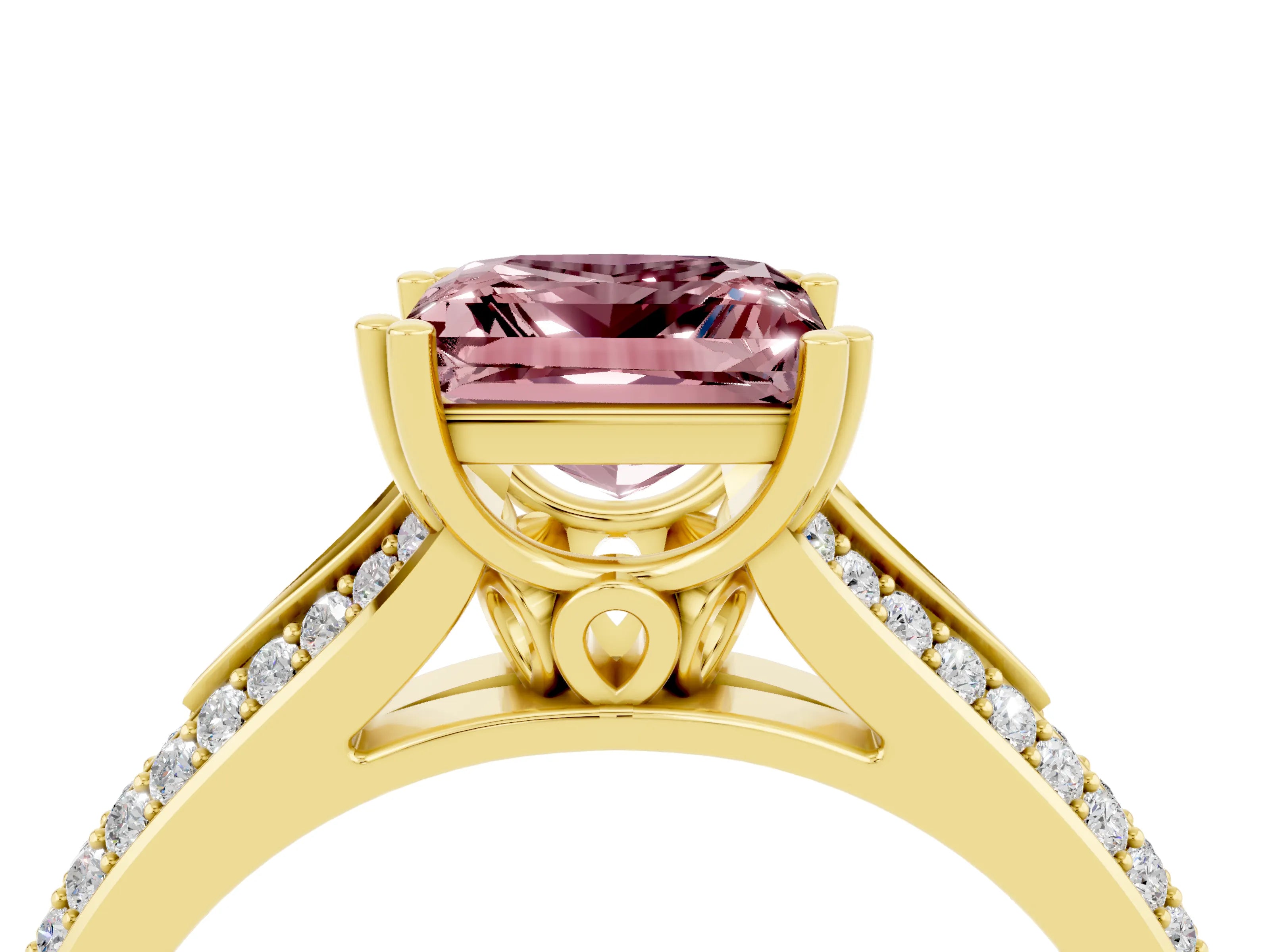Yellow gold Princess Cut Morganite Split Shank Engagement Ring with Pavé Band_4