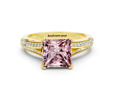 Yellow gold Princess Cut Morganite Split Shank Engagement Ring with Pavé Band