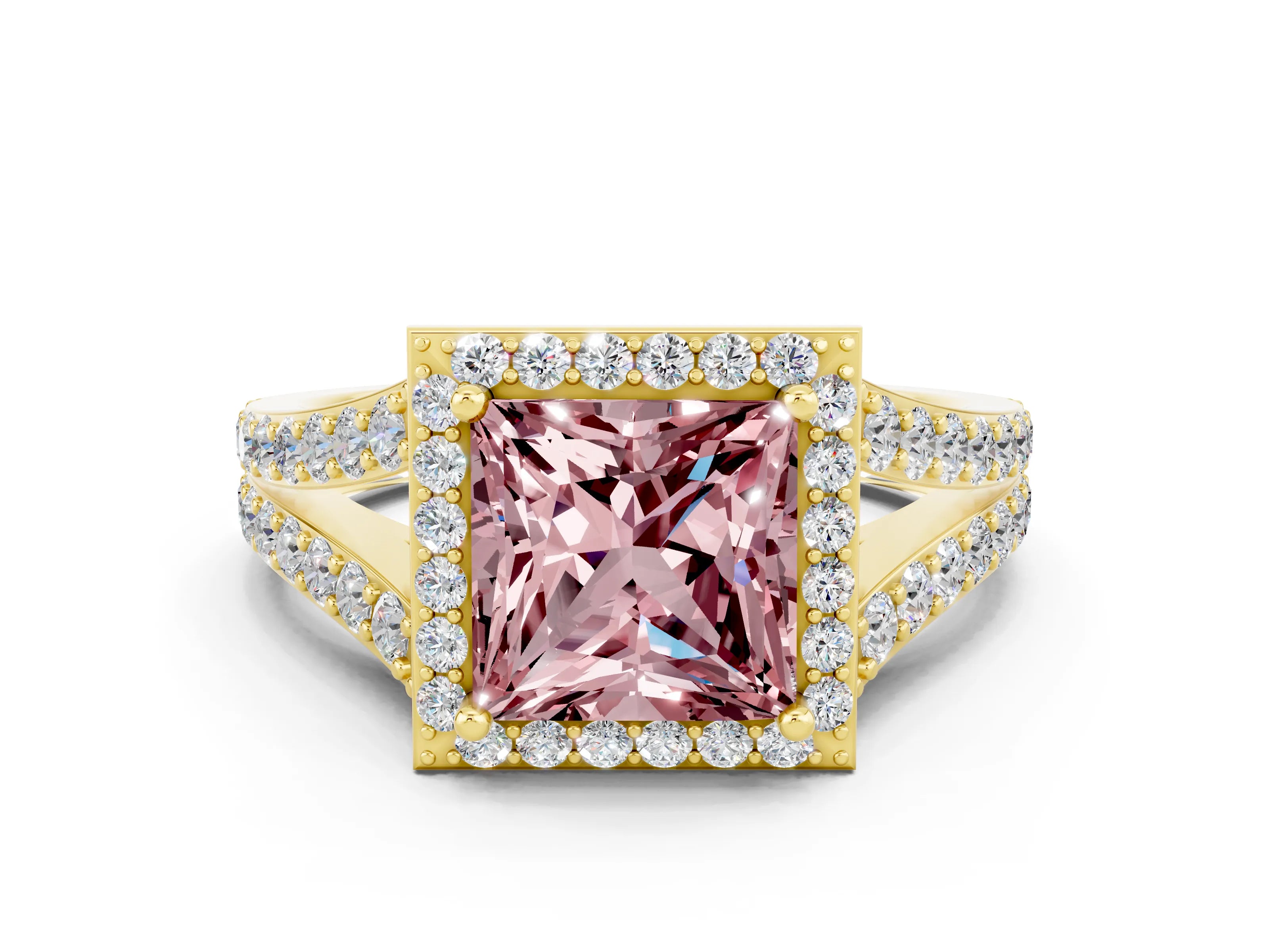 Yellow gold Princess Cut Morganite Split Shank Halo Ring with Four-Prong Setting_12