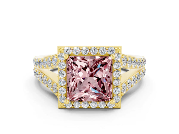 Yellow gold Princess Cut Morganite Split Shank Halo Ring with Four-Prong Setting