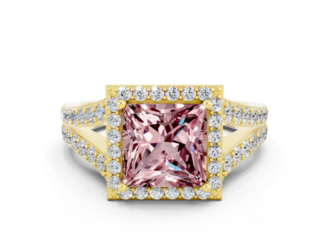 Yellow gold Princess Cut Morganite Split Shank Halo Ring with Four-Prong Setting_12