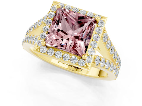 Yellow gold Princess Cut Morganite Split Shank Halo Ring with Four-Prong Setting_13