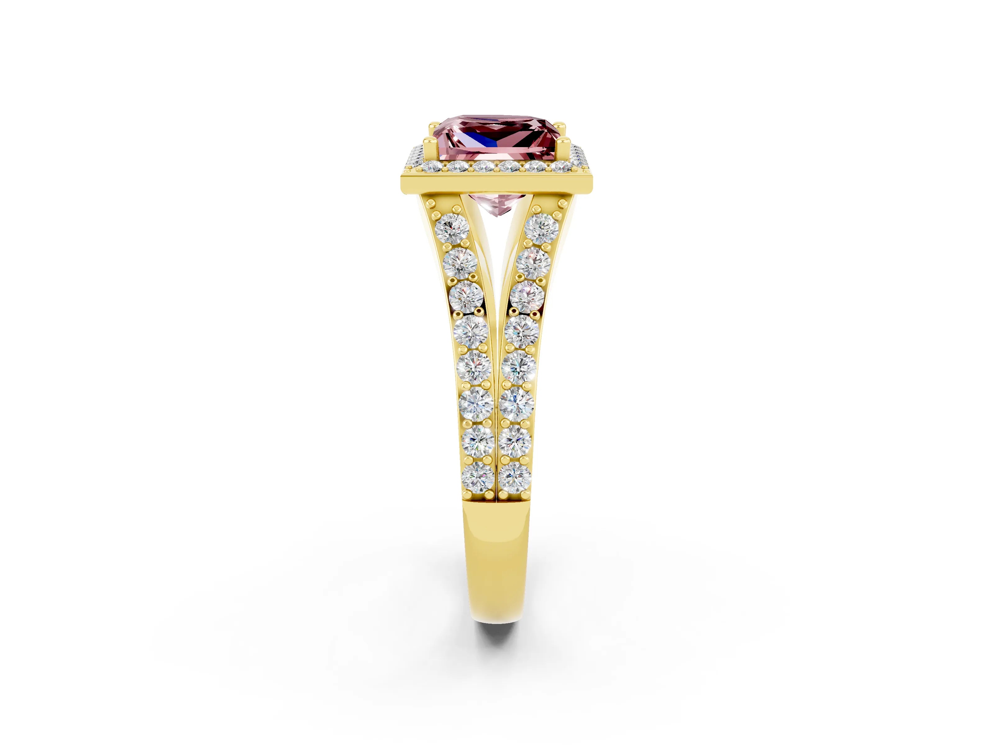 Yellow gold Princess Cut Morganite Split Shank Halo Ring with Four-Prong Setting_14