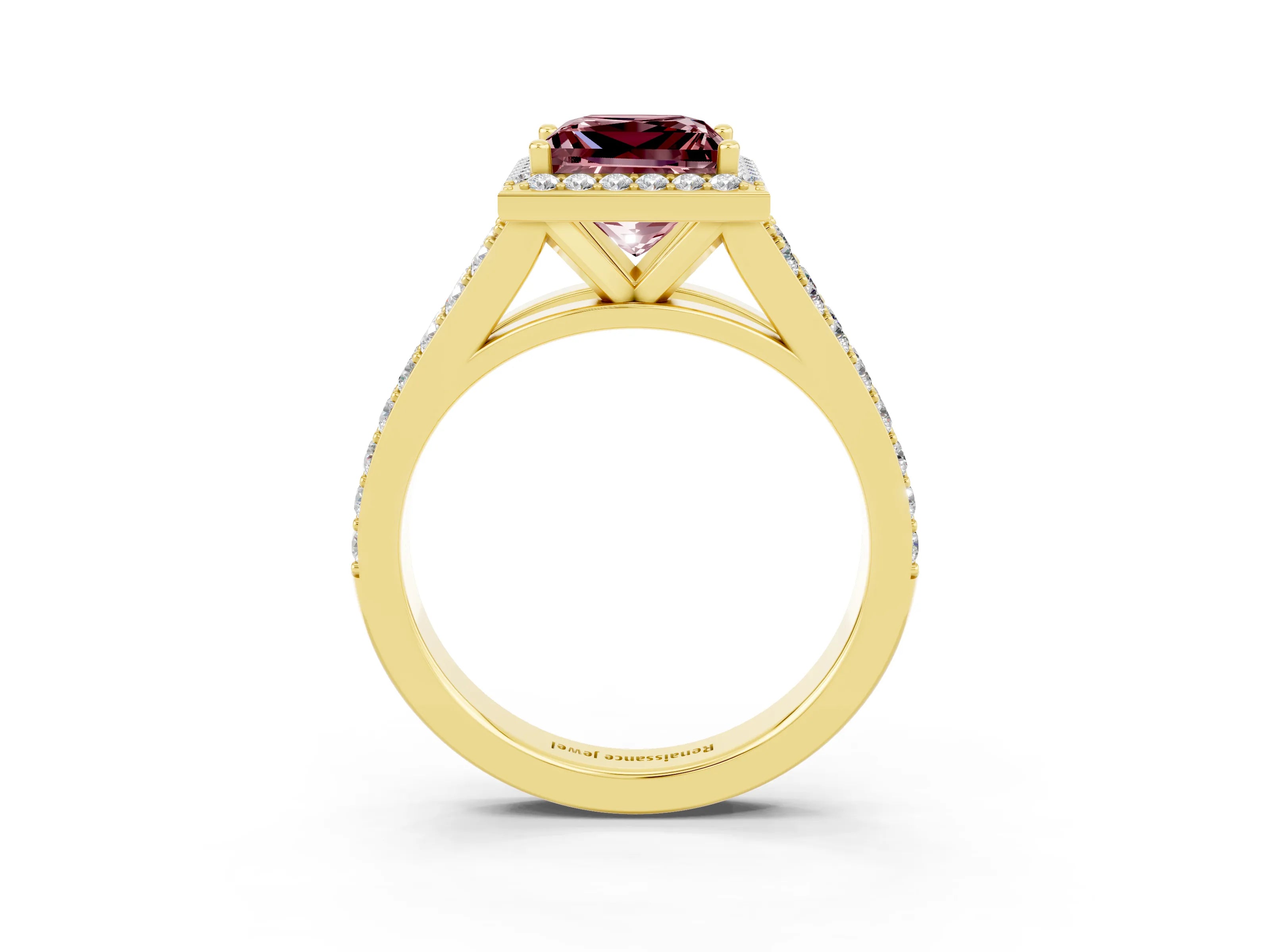 Yellow gold Princess Cut Morganite Split Shank Halo Ring with Four-Prong Setting_15