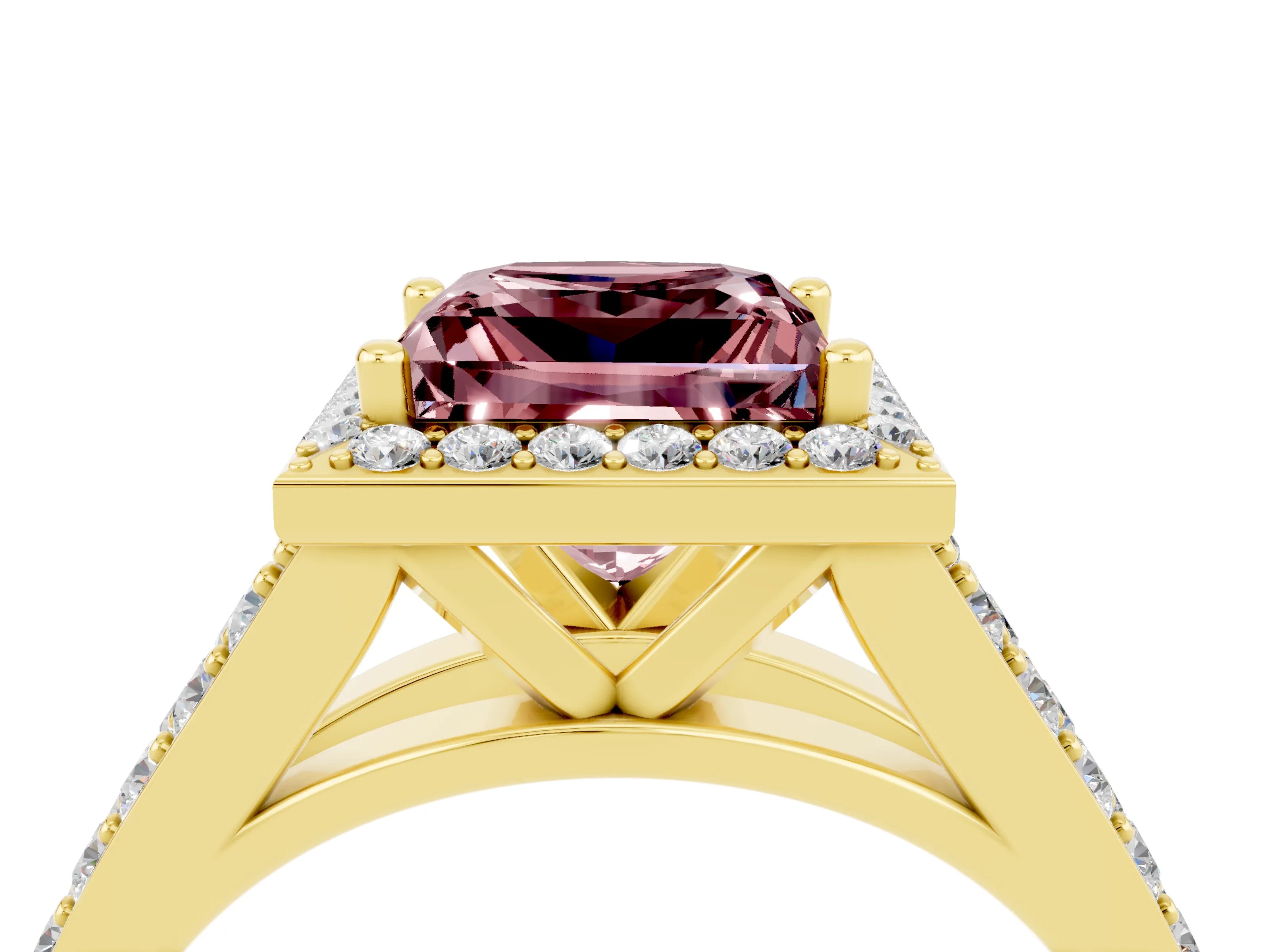 Yellow gold Princess Cut Morganite Split Shank Halo Ring with Four-Prong Setting_16
